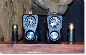 XDs 4.0 9mm (Left) and XDs 4.0 45 (Right). Note thickness of barrel on the 9mm version. Both versions are impressive from the business end.