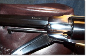 Cylinder Pin Is Held In Place By the Reloading Lever.  Also note the Very Tight Forcing Cone to Cylinder Gap - .004 inches On This Revolver