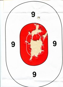 100 Rounds, 230-grain FMJ, 10-yards, offhand from Modified Weaver. First shot was high To Get My Bearings - Ninety-Nine Subsequent Shots Were Not