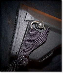 Condor Speedy 2-Point Sling Mounted on MAGPUL MOE Rifle Stock (MAGPUL Style 1 and Style 2 sling mounts, and Blackhawk Heavy Duty QD Sling Swivel). Note that the Rear Mount is Ambidextrous