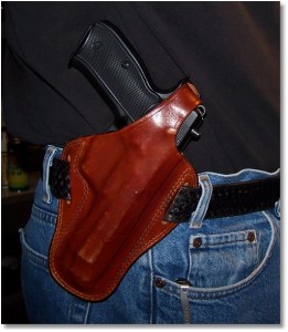 The CZ 75B Ω (Omega) Works fine in the Bianchi 7/7L OWB Holster. Note the Thumb Break.