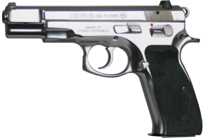 High-Polish Stainless Steel Version of the CZ75B - Note the Rubber Grip Panels