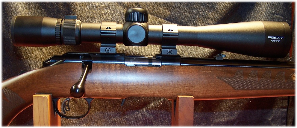 Nikon 4-12x40 PROSTAFF Rimfire II scope with Leopold scope rings and Weaver top mount bases.